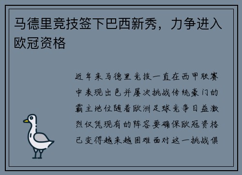 马德里竞技签下巴西新秀，力争进入欧冠资格